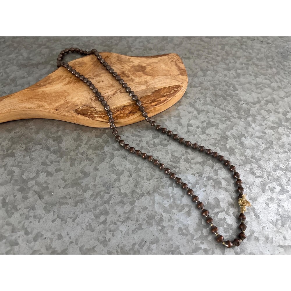 Vintage Hand Strung Metal Beaded Necklace Aged Copper Toned Beads Fiber Cord